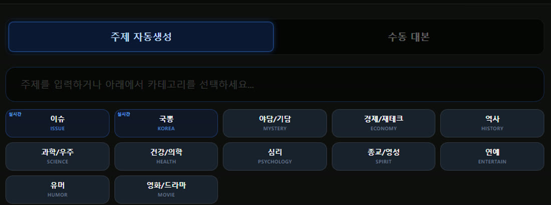 카테고리 12종 — 이슈, 국뽕, 야담/기담, 경제/재테크, 역사, 과학/우주, 건강/의학, 심리, 종교/영성, 연예, 유머, 영화/드라마