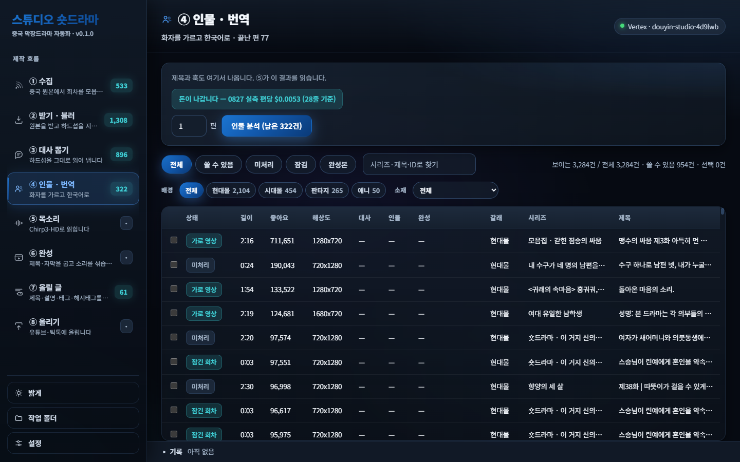 스튜디오 숏드라마 인물·번역 화면